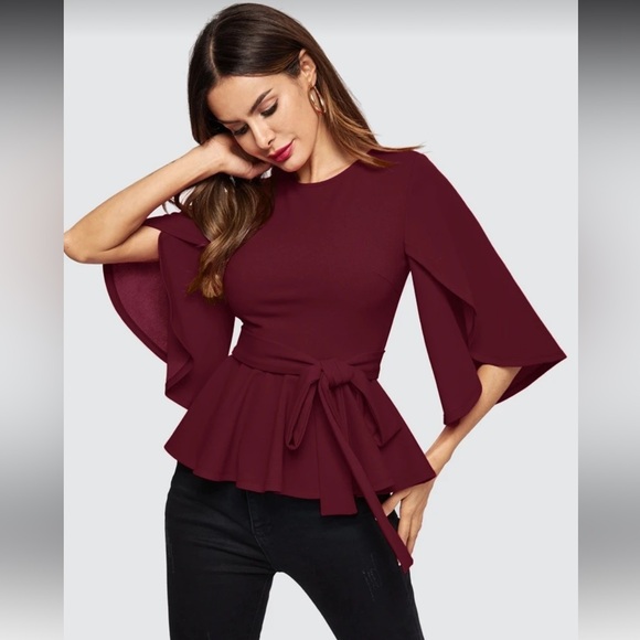 SHEIN Tops - [Shein] Red Peplum Bell Sleeve Top